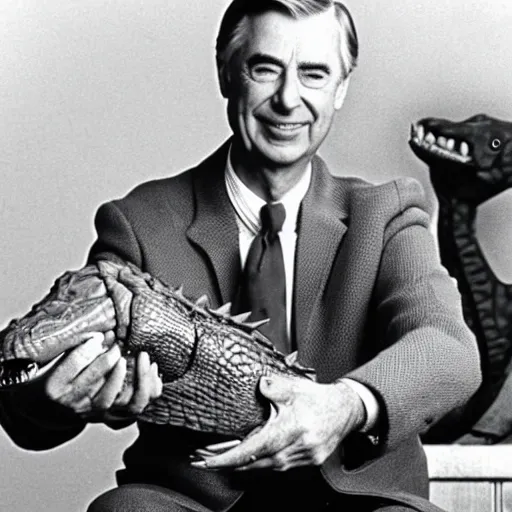 Image similar to mr. rogers proudly displaying a skinned alligator. 1 9 7 0 s color photo.