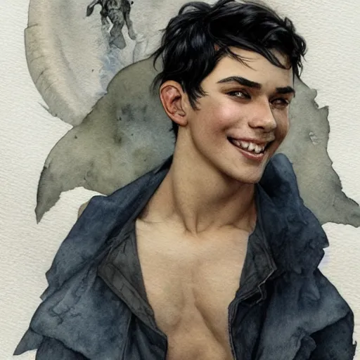 Prompt: young boy, black hair, confident smile, muscular, gorgeous, amazing, delicate, elegant, intricate, highly detailed, watercolor, portrait, artstation, concept art, sharp focus, illustration, art by artherm and greg rutkowski and alphonse mucha