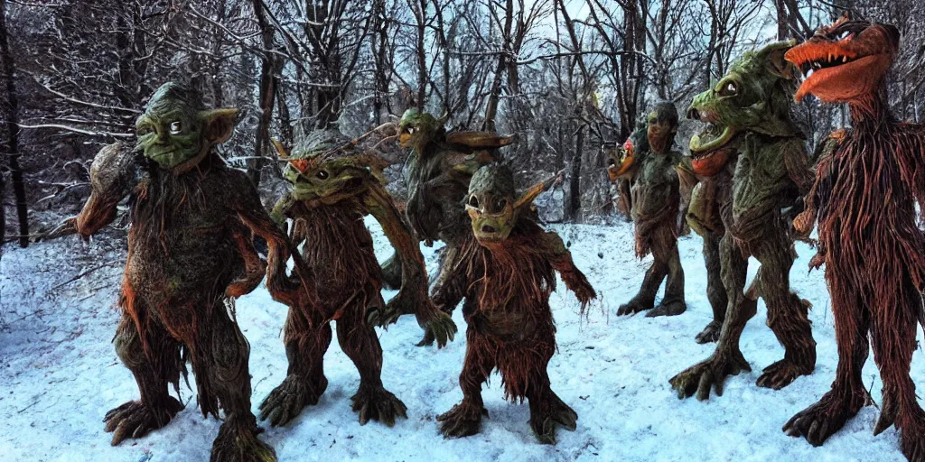 Image similar to photo of real life goblins, creepy!!!, scaly!!!, gritty!!!, menacing!!!, evil, ultra realistic, gritty, winter, golden hour, volumetric lighting, sharp focus