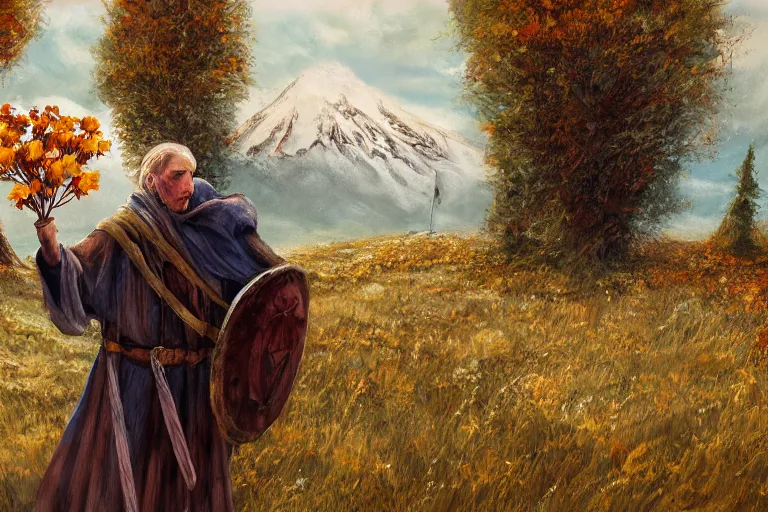 Image similar to concept art, mood painting, environment painting, gondor man holding white flower looking at flower large field autumn october snow capped mountains in background lord of the rings lotr. style of, ryan church, jon mccoy, george hull, painting