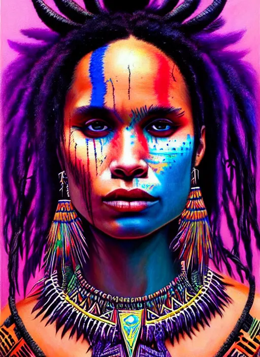 Image similar to portrait of zoe kravitz, hyper detailed ultra sharp aztec shaman warrior. trending on artstation, warpaint aesthetic, bloodwave, colorful, psychedelic, ornate, intricate, digital painting, concept art, smooth, sharp focus, illustration, art by artgerm and greg rutkowski and h. r. giger, 8 k