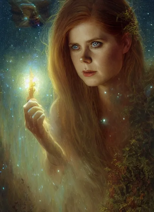 Image similar to Amy Adams staring into the camera, misty wisps, fireflies, Lilia Alvarado, Sophie Anderson, Mark Arian, Bob Byerley, Charlie Bowater, Mark Brooks, Steve Henderson, Justin Gerard, Arthur Hughes, Edward Robert Hughes, Mark Keathley, Victor Nizovtsev, Carlos Shwabe, Ross Tran, WLOP