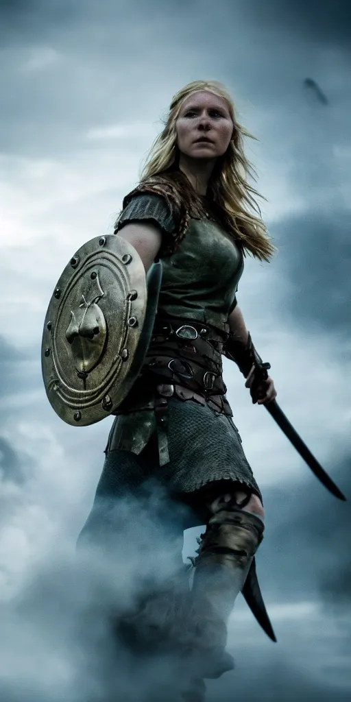 Prompt: a photograph of viking shield maiden in the battlefield, action movie, movie still, cinematic, filmic, dramatic, volumetric light