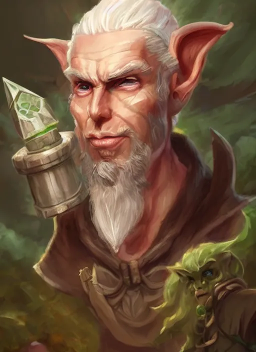 Image similar to old male wood elf hermit, has short straight white hair and green eyes, rough pink skin, lean build, triangular cute face, wears a fancy hat, dnd character art portrait, matte fantasy painting, deviantart artstation, by jason felix by steve argyle by tyler jacobson by peter mohrbacher, cinematic lighting