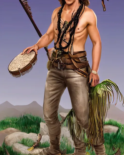 Image similar to a hippy male ranger, dnd, wearing a leather vest and white linen pants, puka shell necklace, long swept back blond hair, with a bongo drum and nunchuku, chiseled good looks, digital art