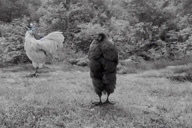 Image similar to a cinematic still of beautiful landscape, olmsted, brutalist chicken man