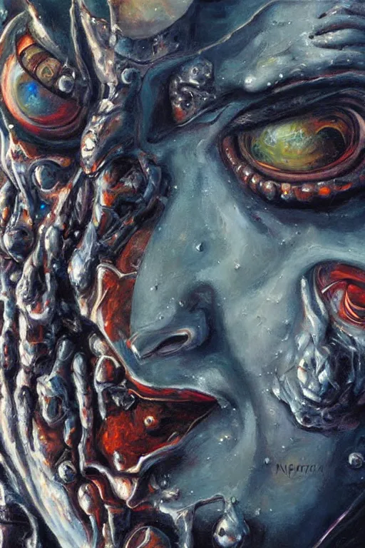 Image similar to oil painting, close-up, hight detailed, melting cyborg at red planet, in style of 80s sci-fi art, neodada