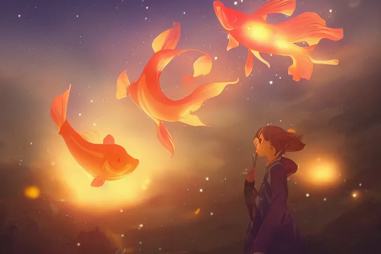 Prompt: fantasy art of glowing goldfish swimming in the air, in a japanese town at night, with people looking up in wonder, by makoto shinkai, highly detailed digital art, trending on artstation