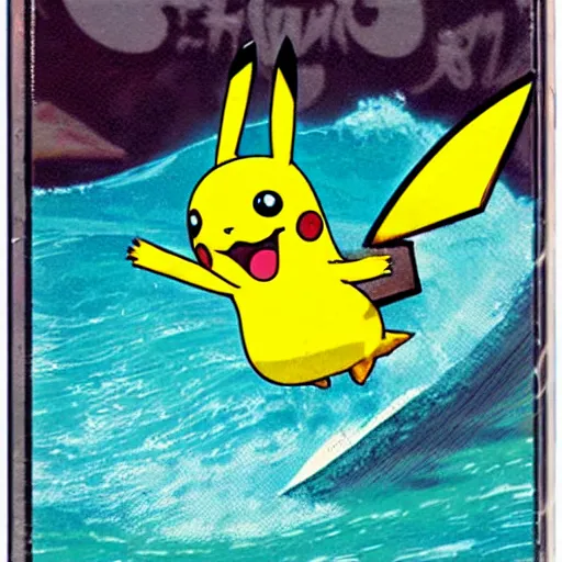 Image similar to pikachu surfing on a wave made of green slime, pokemon tcg image