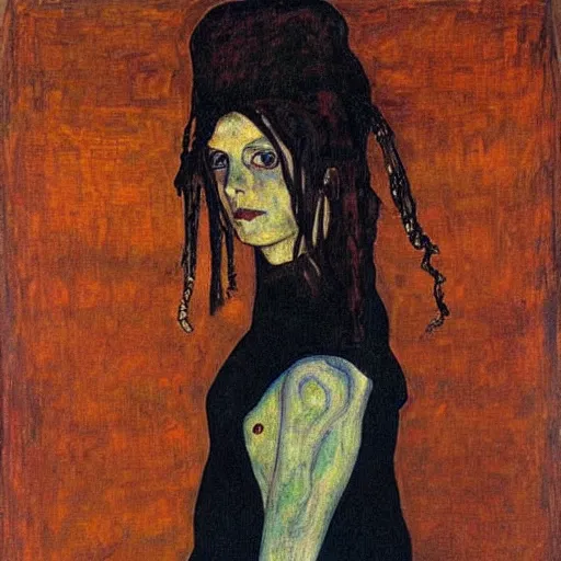 Image similar to goth girl, oil painting by Egon Schiele, masterpiece