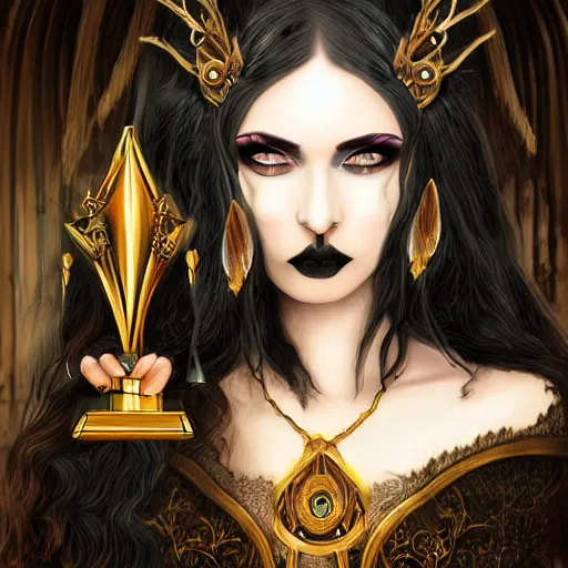 Image similar to a gothic sorceress, long black hair, golden eyes, digital art, highly detailed, high resolution, award winning