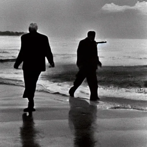 Image similar to a stunning photograph of Fidel Castro smoking a cigar and walking in the beach. There is a storm in the background. 1960s color photography. Award winning.