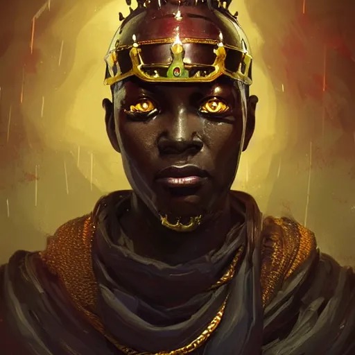 Image similar to a dark and ominous african moor with glowing eyes and a golden crown with a ruby crying tears of gold in a thunderstorm, Apex Legends character digital illustration portrait design, by android jones and greg rutkowski in a cyberpunk voodoo style, detailed, cinematic lighting, wide angle action dynamic portrait