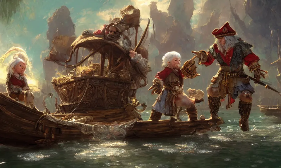 Image similar to a white haired dwarf and a pirate halfling gambling with dice near a creak and wagon, illustration by craig mullins, wlop, highly detailed, colorful, unreal engine, octane render, dramatic lighting, cinematic composition, wide shot