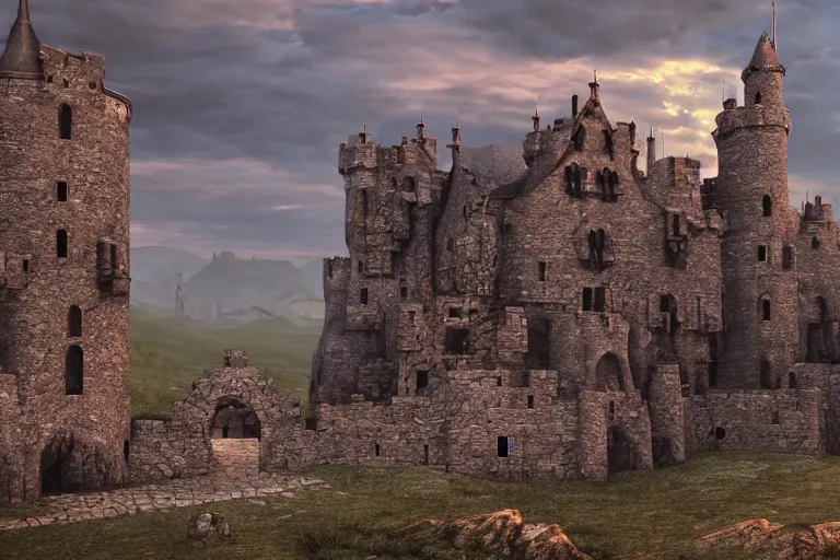 Prompt: medieval castle in a rugged landscape, cinematic, octane render, 8 k, artstation trends, dramatic lighting, beautiful dusk sky, concept art, photo realistic, intense detail