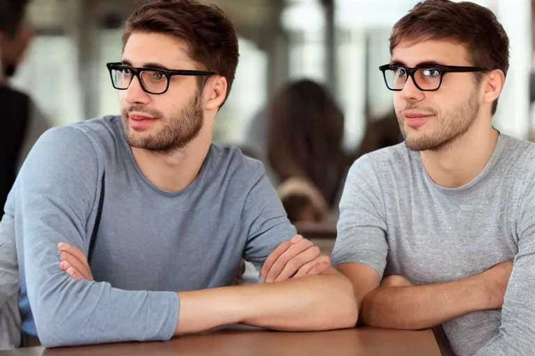 Prompt: attractive guy using glasses trying to talk to a girl