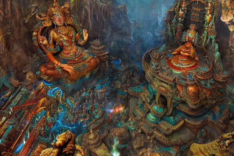 Image similar to the ancient mythical buddhist kingdom of shambhala, in the style of frank frazetta and andrea pozzo, ultra realistic, atmosphere glow, detailed intricate, colorful, cinematic lighting, unreal engine, god lighting