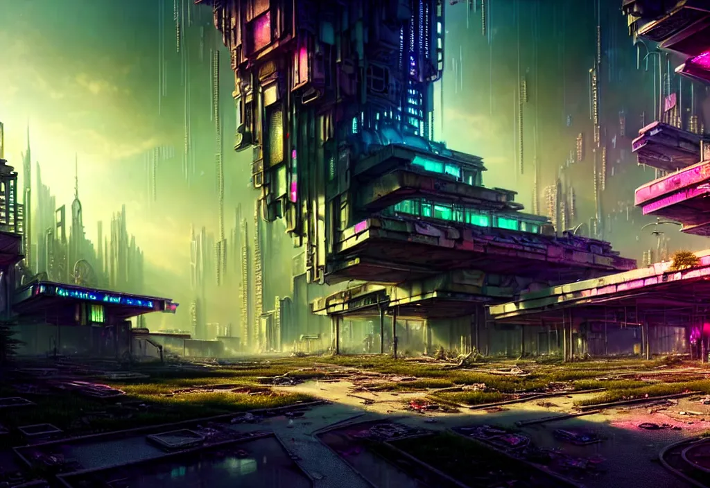 Image similar to A highly detailed crisp unreal engine render of wide view photo of A beautiful futuristic cyberpunk abandoned dystopia city building with futuristic bright lights, plants allover , godray, sunlight breaking through clouds, clouds, debris on the ground, abandoned machines bright happy colors, chaotic , nitid horizon, factory by wangchen-cg, 王琛,Neil blevins, artstation, Gediminas Pranckevicius