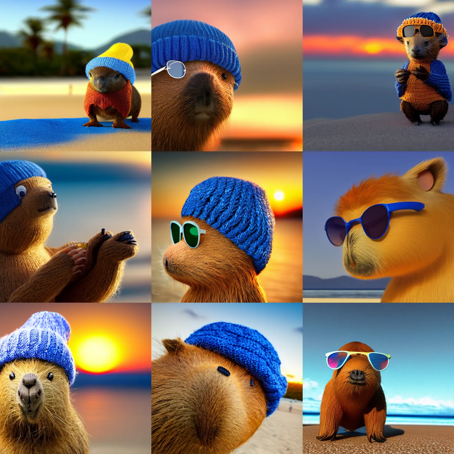 Prompt: a photorealistic photograph of a knitted cute Capybara dressed in sunglasses and a blue beanie cap. The subject is sipping from a refreshing Mai Tai cocktail at the beach during sunset. The image is Trending on Artstation, featured on Behance, well-rendered, extra crisp image, intricate detail, Unreal Engine, 4K HD