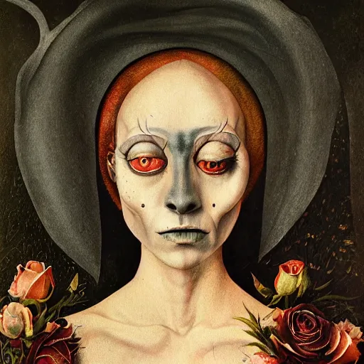 Image similar to semi - realistic weird and scary beautiful metaphysical portrait gothic style in style of hieronymus bosch anne stoke sharp focus 8 k holografic roses