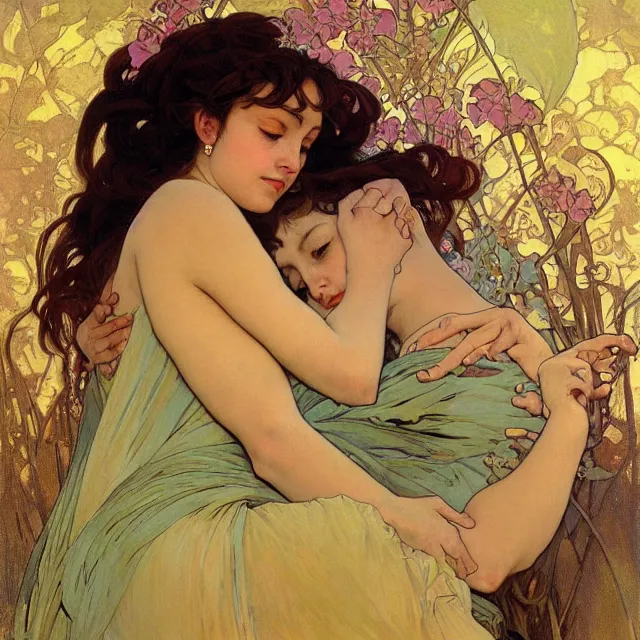 Image similar to an aesthetic! detailed portrait of an aesthetic woman crying mournfully while cradling a child, by frank frazetta and alphonse mucha, oil on canvas, bright colors, art nouveau, epic composition, dungeons and dragons fantasy art, hd, god - rays, ray - tracing, crisp contour - lines, huhd - 8 k