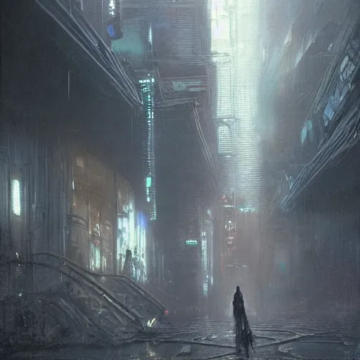 Image similar to lost and alone in a cyberpunk noir city by gustave dore and gustave moreau and beksinski and giger and craig mullins and jeremy mann