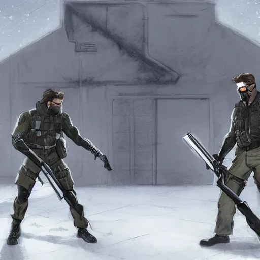 Image similar to Solid Snake from MGS and Gordon Freeman from Half-Life melee fight against each other on an abandoned military base, winter, very detailed, hyper realism, epic, close-up fight, digital art, concept art, illustration, artstation, cgi, 4k