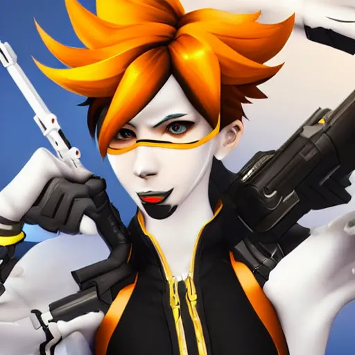 Image similar to digital artwork of tracer from overwatch wearing a black outfit, black lipstick and black eye makeup, 4 k, highly detailed artwork