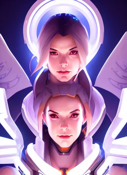 Image similar to symmetry portrait of mercy from overwatch as a male man, sci - fi, tech wear, glowing lights intricate, elegant, highly detailed, digital painting, artstation, concept art, smooth, sharp focus, illustration, art by artgerm and greg rutkowski and alphonse mucha
