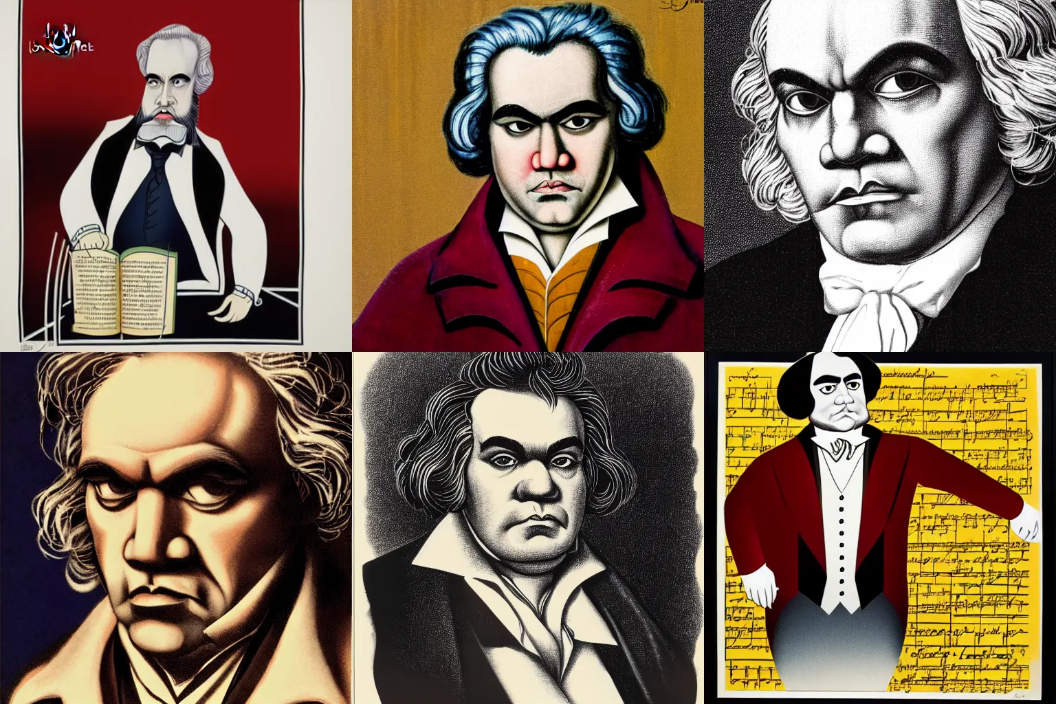 Prompt: Al Hirschfeld portrait of Beethoven but the hidden words spell Joe