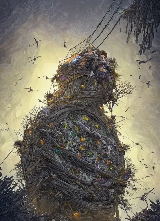 Prompt: crows nest like a human wreath, cruelty, black crows, light effect, hyper detailed, intricate, elegant, highly detailed, digital painting, artstation, concept art, matte, sharp focus, illustration, by dan mumford, yusuke murata, makoto shinkai, ross tran