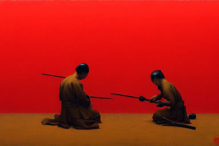 Image similar to only with red, a red samurai do seppuku, tokio, a lot of frogs watch, in the style of beksinski, parts by edward hopper, parts by rodcenko, parts by yue minjun, intricate and epic composition, red by caravaggio, insanely quality, highly detailed, masterpiece, red light, artstation, 4 k