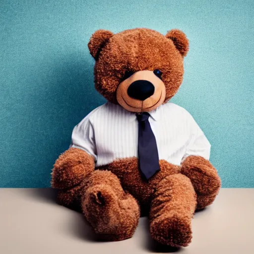 Prompt: a teddy bear wearing business casual clothes sitting on a couch, creepy 4 k photo