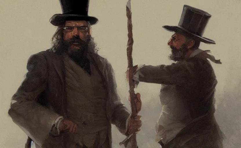 Prompt: a painting of the all father holding a cane trending on artstation in the style of greg rutkowski, beautiful, male, sensual, wise, natural skin, black beard, leader, cane, 1 8 0 0 s, industrialization, top hat