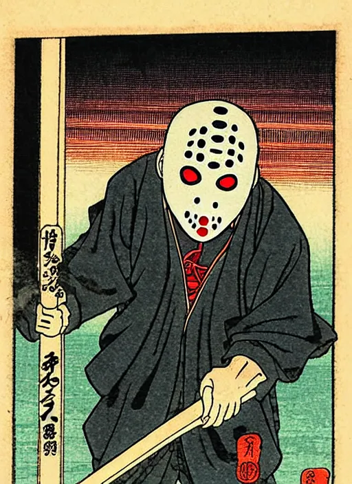 Image similar to jason voorhees as a yokai illustrated by kawanabe kyosai and toriyama sekien