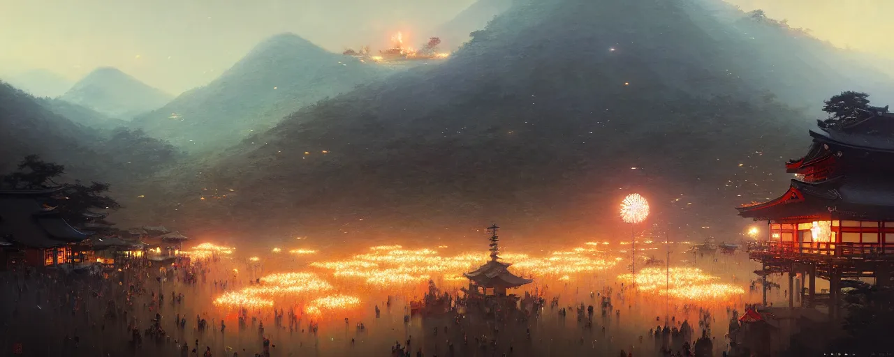 Prompt: japanese mountain countryside small town, landscape, summer festival night, fireworks, illustration, highly detailed, digital painting, concept art, matte, art by ruan jia and wlop and greg rutkowski and makoto shinkai, masterpiece