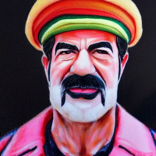 Image similar to rainbow portrait of saddam hussein wearing a pink puffy jacket and a black bucket hat, 8 k, very detailed, very intricate,