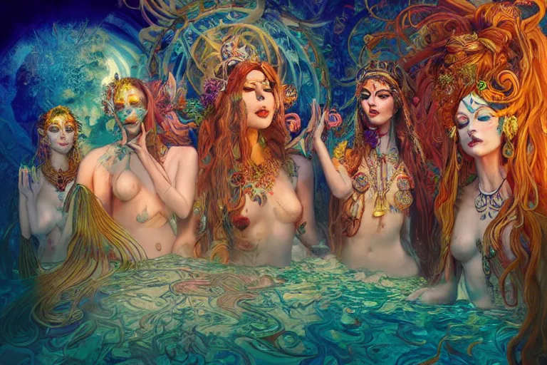 Prompt: a centered full body render of alluring goddess festival hippies with retro futuristic adornments surrounded by a underwater ink pour and flowing liquid galium and sacred geometry, perfect face, powerful, cinematic, beautifully lit, by artgerm, by karol bak, by donato giancola, 3 d, trending on artstation, octane render, 8 k