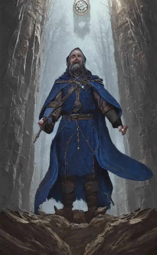 Prompt: portrait of a middle - aged elf, very long beard, dressed in a blue cloak, greyish brown hair, raised hand, clock iconography, detailed face, fantasy, highly detailed, cinematic lighting, digital art painting by greg rutkowski