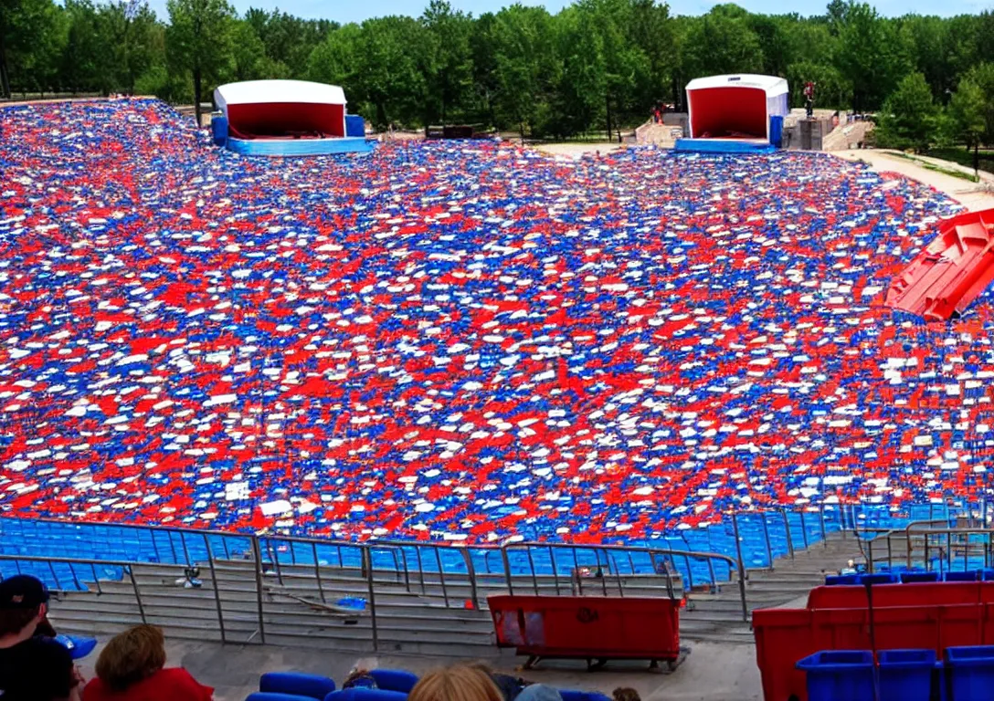 Image similar to Large amphitheater full of people watching a dumpster with a fire inside of it on the stage. Red white and blue themed.