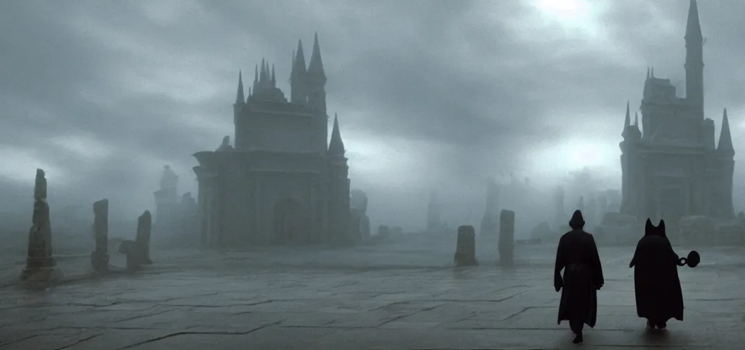 Image similar to prince of darkness as mickey mouse walking out from epic temple, foggy, cinematic shot, photo still from movie by denis villeneuve, wayne barlowe