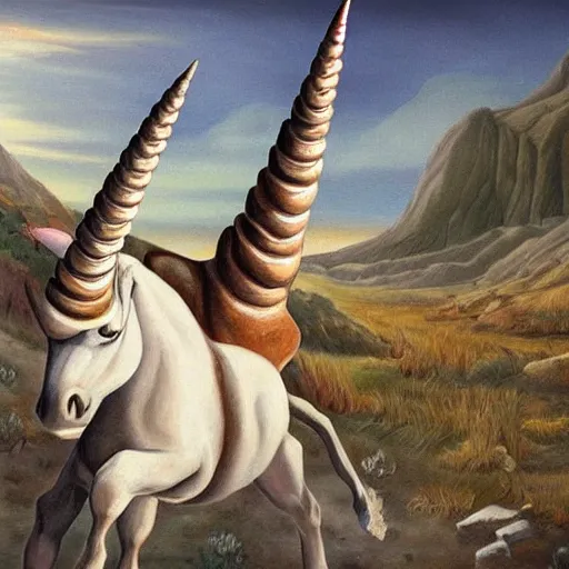 Prompt: painting of one of the worst fossil reconstructions in human history a really long unicorn horn realism painting