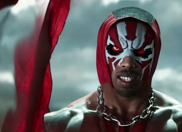 Image similar to film still of michael b jordan as spawn in the new spawn movie, giant chains, large cape, 8 k