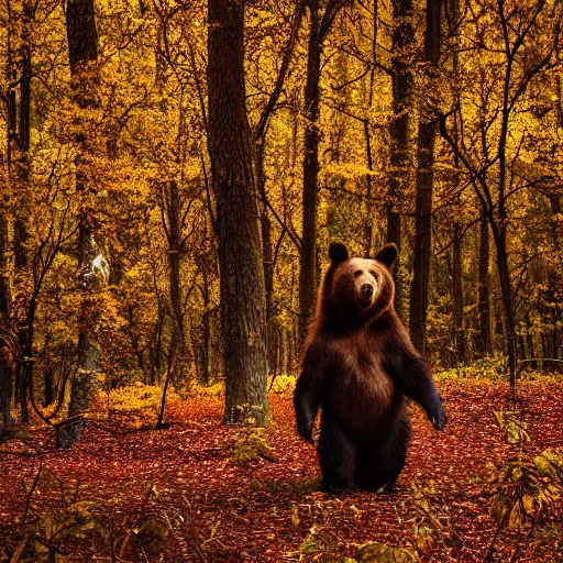 Prompt: a bear standing in a beautiful autumn forest, very high detail ultra quality photo, sigma 2 0 0 2. 8