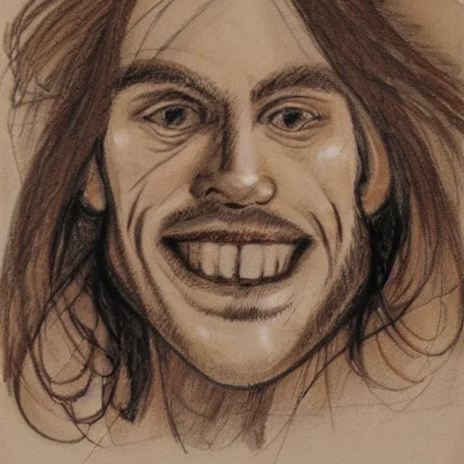 Image similar to sketch of a caucasian face, medium long hair, bad skin, skinny, oval head shape, smiling, climber