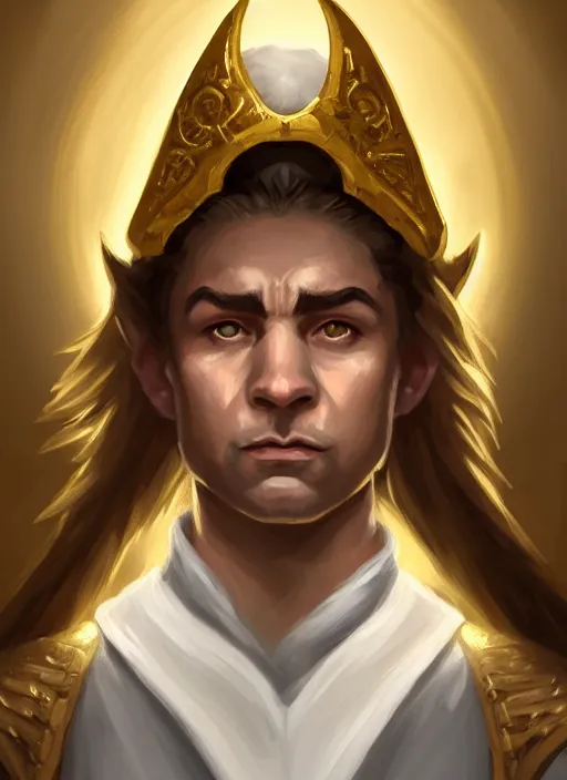 Image similar to symmetry!! oil painting digital art dungeons & dragons facial portrait of a halfling male cleric, with a ponytail, white robe with gold accents, white and brown robe with gold accents, necklace of a footprint, elegant, highly detailed, digital painting, artstation, concept art, sharp focus, illustration