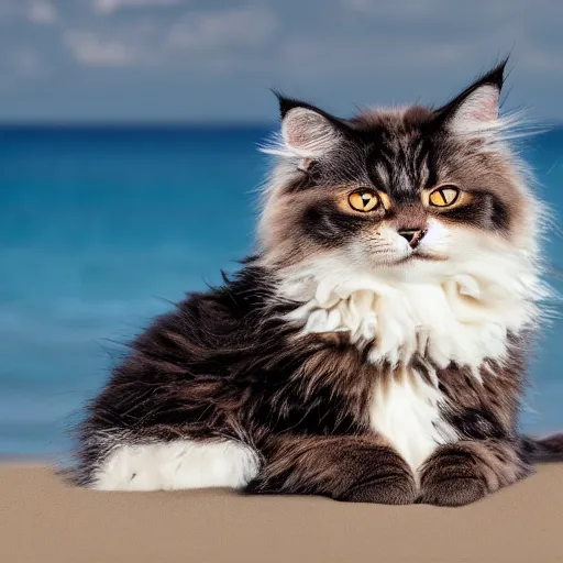 Prompt: A fluffy cat enjoying the beach. Propaganda. High resolution. Highly detailed. Art station. 8k