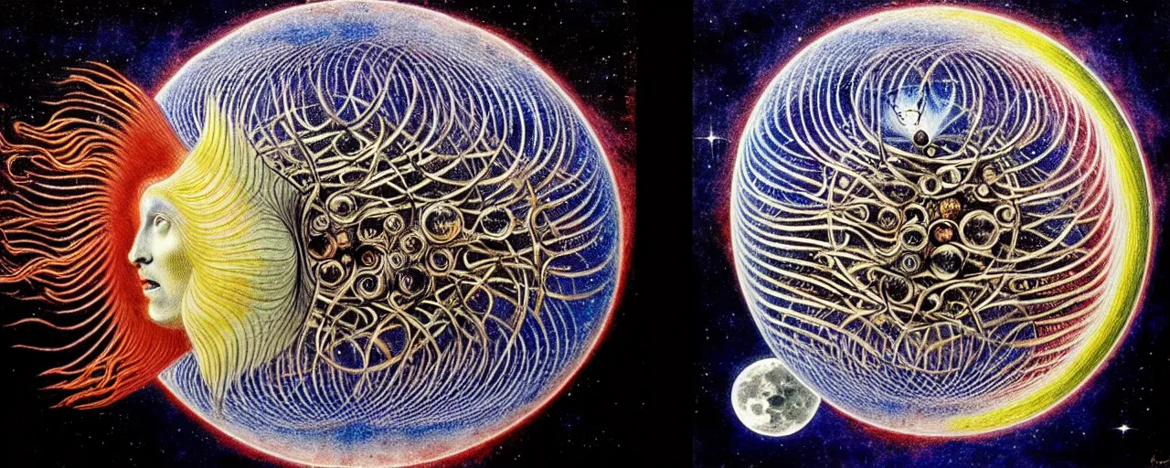 Image similar to a strange beautiful creature from bifrost radiates a unique canto'as above so below'to the moon, while being ignited by the spirit of haeckel and robert fludd, breakthrough is iminent, glory be to the magic within, in honor of saturn, painted by ronny khalil