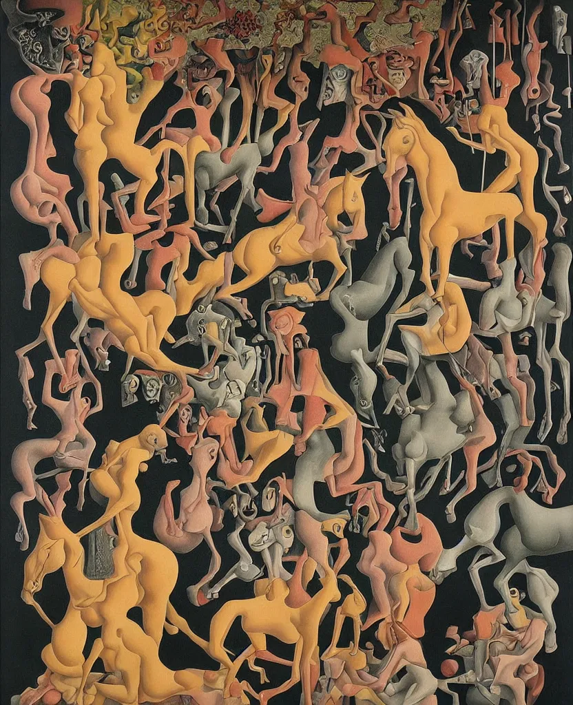 Image similar to the three fates and their horses | pain, pleasure, suffering, adventure, love, life, afterlife, souls in joy and agony disaster, | Japanese pop-surrealism | miracle, love | abstract oil painting, gouche on paper by MC Escher and Salvador Dali on LSD |