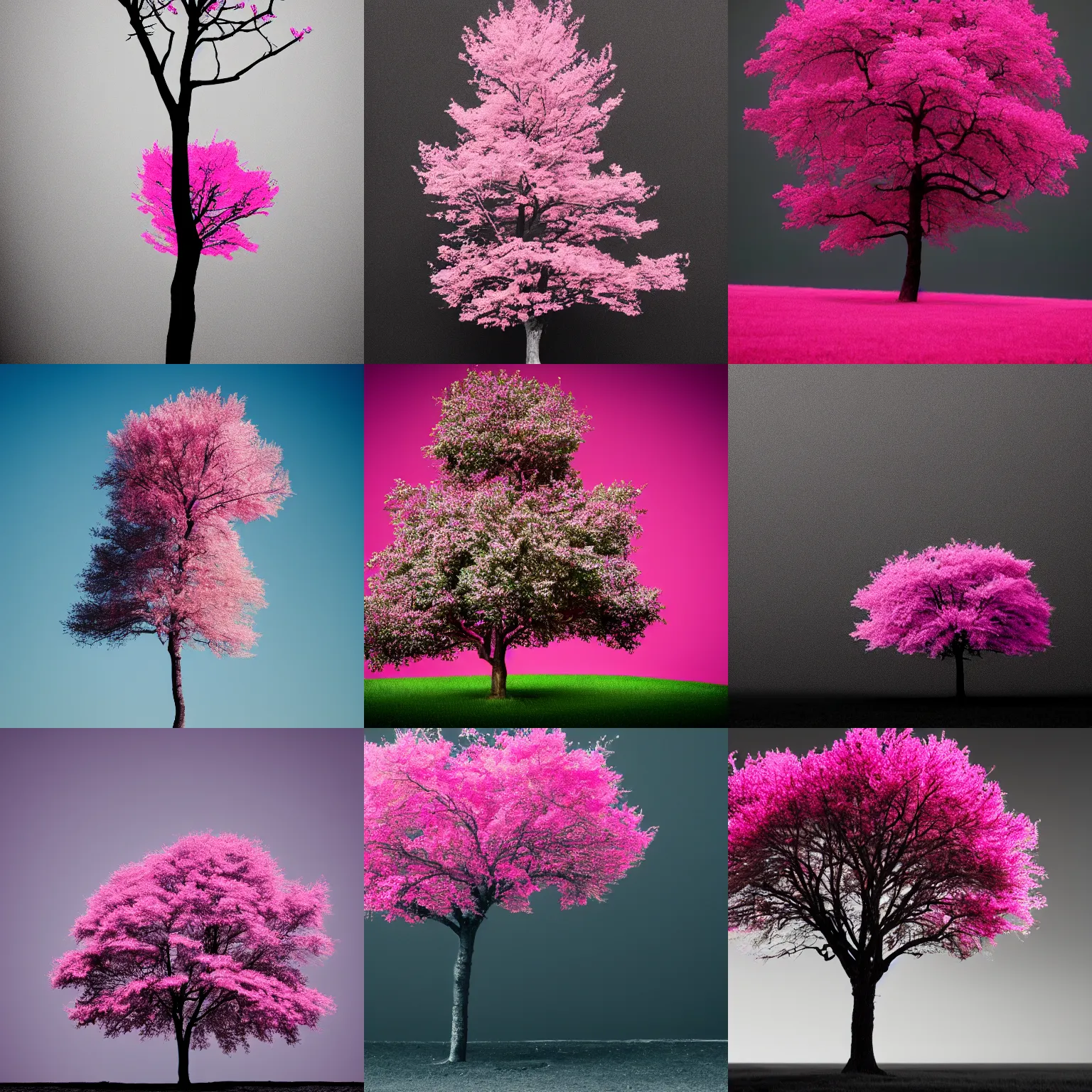 Prompt: Pink tree standing in a sea of black background